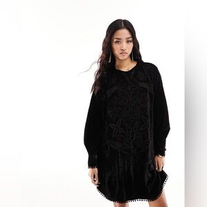 River Island velvet embroidered mini smock dress in black